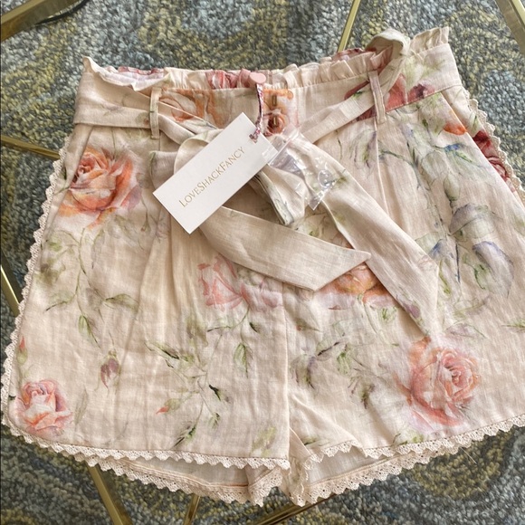 LoveShackFancy Pants - LoveShackFancy High Waist Cream and Pink Lace Trim Shorts